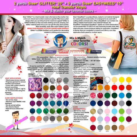 GERCUTTER Store: 2 yards SISER GLITTER + 3 yards SISER EASYWEED Heat Transfer Vinyl on Cotton or Polyester Mesh and Poly-blend Fabrics (Mix & Match your favorite colors) - gercuttervinyl