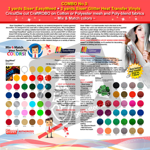 GERCUTTER Store - COMBO No.3: 3 yards SISER EASYWEED + 2 yards SISER GLITTER Heat Transfer Vinyl (Mix & Match your favorite colors) - gercuttervinyl