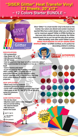 SISER Glitter Heat Transfer Vinyl, 12 Sheets, 20" x 12", 12 Colors Starter BUNDLE - gercuttervinyl