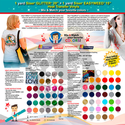 GERCUTTER Store: 1 yard SISER GLITTER + 1 yard SISER EASYWEED Heat Transfer Vinyl on Cotton or Polyester Mesh and Poly-blend Fabrics (Mix & Match your favorite colors) - gercuttervinyl