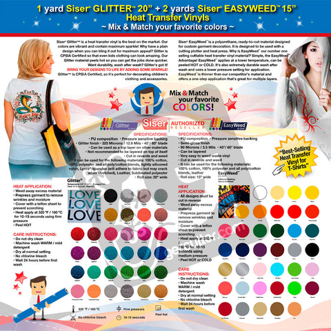 GERCUTTER Store: 1 yard SISER GLITTER + 2 yards SISER EASYWEED Heat Transfer Vinyl on Cotton or Polyester Mesh and Poly-blend Fabrics (Mix & Match your favorite colors) - gercuttervinyl