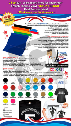 2 Feet (24") French Thermo Vinyl “QUICK FRENCH” Heat Transfer Vinyl on Cotton or Polyester Mesh and Poly-blend Fabrics - Price for linear foot (Mix & Match your favorite colors) - gercuttervinyl