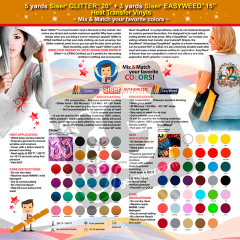 GERCUTTER Store: 5 yards SISER GLITTER + 3 yards SISER EASYWEED Heat Transfer Vinyl on Cotton or Polyester Mesh and Poly-blend Fabrics (Mix & Match your favorite colors) - gercuttervinyl