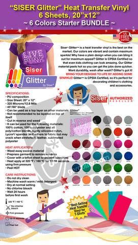 SISER Glitter Heat Transfer Vinyl, 6 Sheets, 20" x 12", 6 Colors Starter BUNDLE - gercuttervinyl