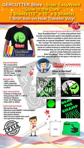 GERCUTTER Store - Siser EasyWeed "Glow in the Dark", 3 Sheets (12" x 15" x 3 Sheets) T-Shirt Iron-on Heat Transfer Vinyl - gercuttervinyl