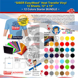 SISER EasyWeed Heat Transfer Vinyl, 12 Sheets, 12" x 15", 12 Colors Starter BUNDLE - gercuttervinyl